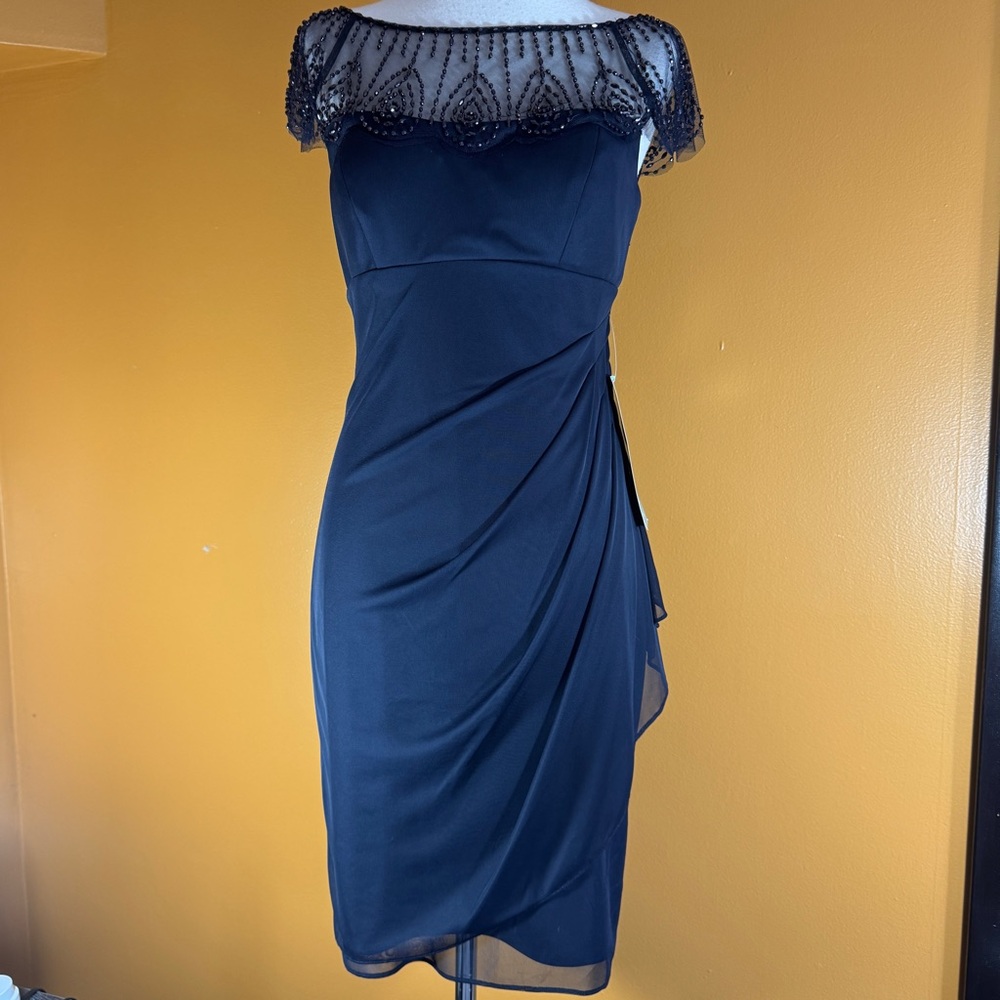 Elegant Navy Blue Dress with Beaded Detail Sz 8 for Special Occasions Events NWT